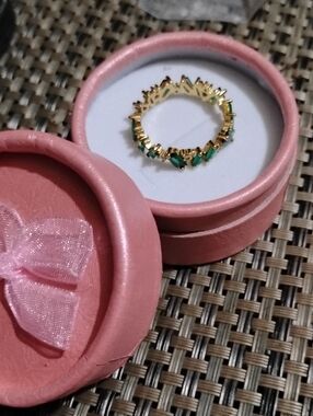 .925 Silver &Emerald Green Stones Banquette Eternity Band Ring with Brilliant Ac